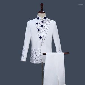 Heren Pakken Blazers Chinese Tuniek Pak Retro Stijl Wit Met Blauwe Strass Jas Rechte Broek 2 Stuks Set Stand col237a