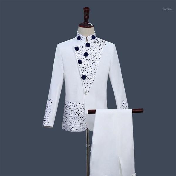 Trajes de hombre Blazers Traje de túnica china Estilo retro Blanco con chaqueta de diamantes de imitación azul Pantalones rectos Conjunto de 2 piezas Stand Col327B