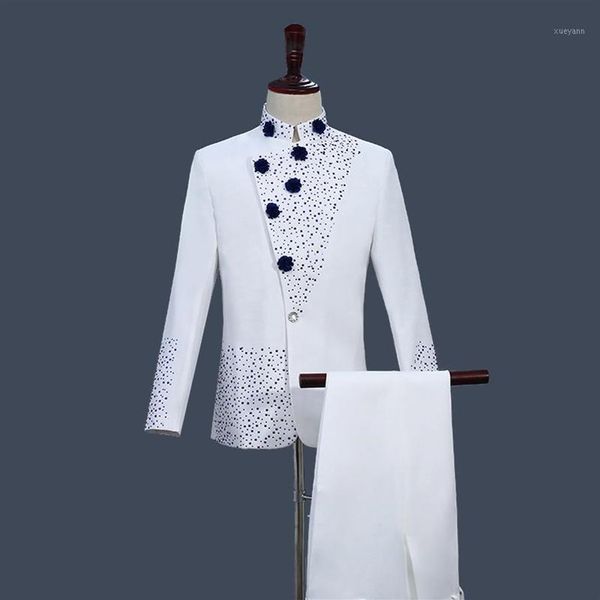 Costumes pour hommes Blazers Costume Tunique Chinois Style Rétro Blanc Avec Strass Bleu Veste Pantalon Droit 2 Pièces Ensemble Stand Col237a