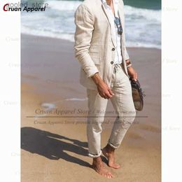 Trajes para hombres Blazers Trajes de lino beige clásicos para hombres Conjunto Verano Novio Padrinos de boda Boda Playa Esmoquin Moda Chaqueta casual hecha a medida Pantalones 2 piezas Q231025