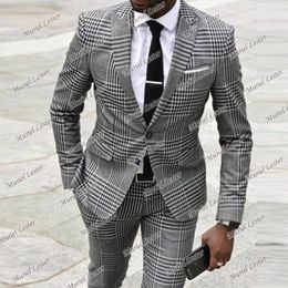 Herenpakken Blazers Classic Gray Plaid Check Wedding Suits For Men Single Brasted Jacket met broek bruidegom Tuxedos 2 stuks formele zakelijke Business Blazer 230503