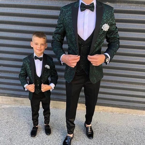 Costumes pour hommes Blazers Classique Hommes avec enfants Vert Impression Veste + Gilet + Pantalon 3 pièces Mariage Enfants Robe Slim Fit Tuxedos Garçon Blazer Ter