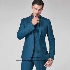 Herenpakken Blazers Classic Teal Business Slim Fit Men Suits 3 -delige jas Vestbroek Set Bruidegom bruiloft Piek met riel Tuxedo Formele blazer masculino 230303