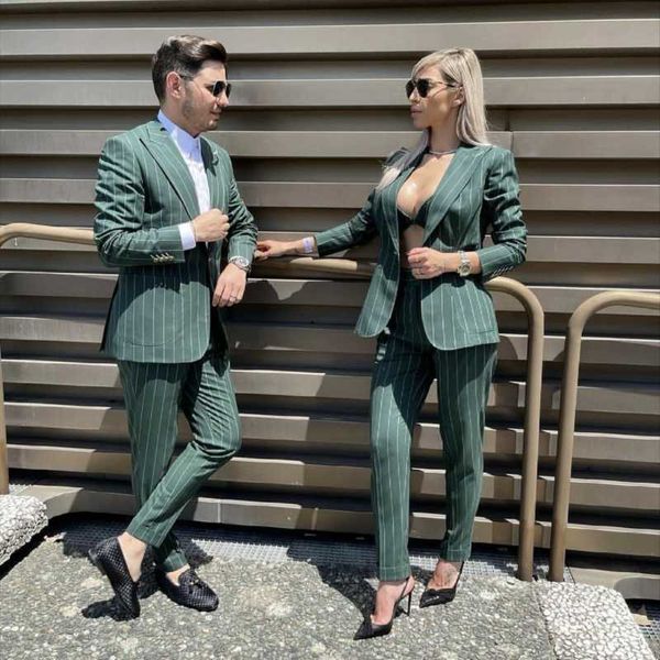 Trajes para hombres Blazers Parejas Conjunto de ropa a juego para hombre para mujer Mismo rayado verde para boda Ropa formal / Calle diaria Casual 2022 Blazer P