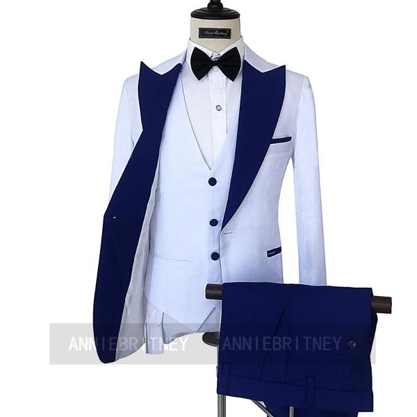 Costumes pour hommes Blazers Custom Made Marié Mariage Costume De Mariage Blazer Blanc Avec Revers Bleu Marine Hommes Prom Party Tuxedo Veste Gilet Pantalon