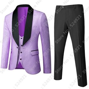 Trajes para hombres Blazers Hombres hechos a medida Lila y negro Novio Esmoquin Mantón Solapa Padrinos de boda Hombre Chaqueta Pantalones Chaleco Corbata D59 230828