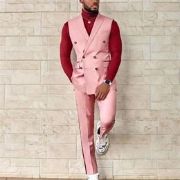 Costumes pour hommes Blazers Custom Made Pink Notch Lapel Vest Pant 2 Pcs Double Breasted Wedding Slim Fit Groom Tuxedo Terno Masculino Prom Blazer Hommes Costumes 220909