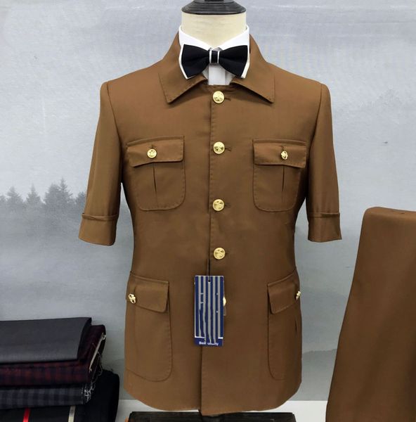 Trajes para hombres Blazers Custom Spring Summer 7 PointSleeve Brown Traits para hombres Media manga Fit Slim Fit Casual Party Style Man Blazer 230206