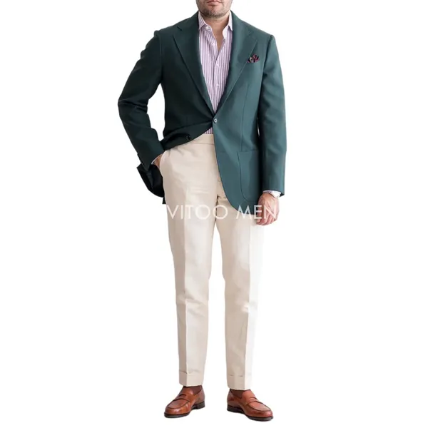 Trajes de hombre Blazers Blazer verde oscuro Pantalones de marfil Hombres Slim Fit 2 piezas / Boda informal Baile de negocios Ropa para hombre / Chaqueta clásica para hombre Abrigo