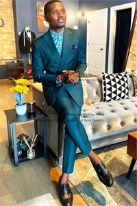 Costumes Hommes Blazers Vert Foncé Hommes Pour Mariage Double Boutonnage Groom Tuxedos 2 Pièces Ensemble Homme Prom Blazer Pantalon Outfit Slim Costume Homm