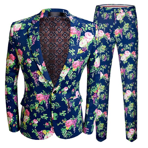 Costumes pour hommes Blazers Design Costumes floraux roses Chanteur de scène Costume de smoking de marié Costume bleu Robe de bal de haute qualité 230828