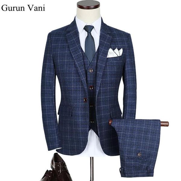 Costumes pour hommes Blazers DHL bleu Plaid chevrons rétro Gentleman Style sur mesure costume Blazer pour hommes 3 pièces 248E