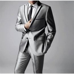 Herenpakken Blazers Est Groomsmen Shiny Silver Gray Groom Tuxedos Rapel Men Suits Wedding/Prom Man Blazer JacketPantstie 220909