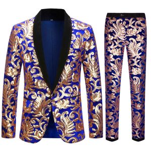 Costumes pour hommes Blazers Taille européenne Blazer Pantalon Mode Excellent Bleu Velours Or Paillettes Mariage Robe de Marié 2 Pièces Ensemble 230506