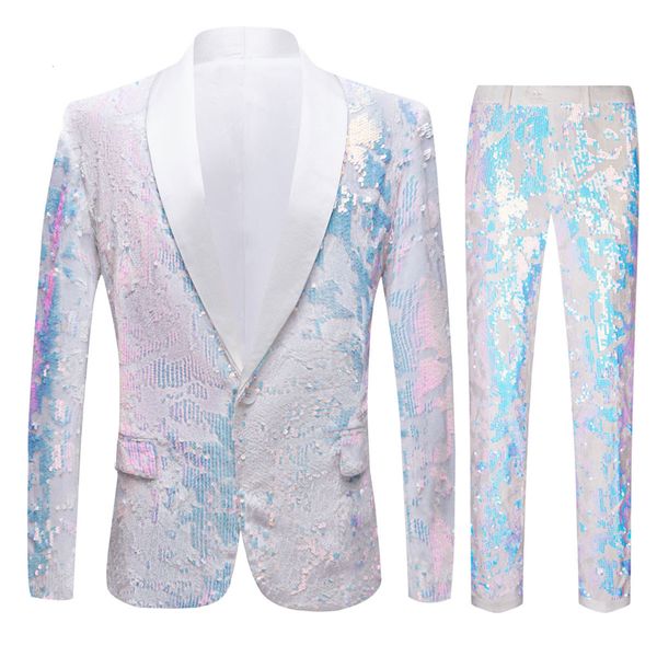 Costumes pour hommes Blazers Taille européenne Blazer Pantalon Costume pour hommes Mode Blanc Velours Paillettes Style Italien Robe De Mariée De Mariage 2 Pièces Ensemble 230207