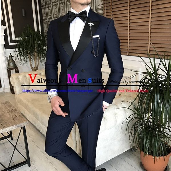 Costumes pour hommes Blazers Mode 2 pièces Costumes pour hommes Slim Fit Business Costumes à double boutonnage Marié Bleu marine foncé Tuxedo pour la fête de mariage BlazerPants 220909