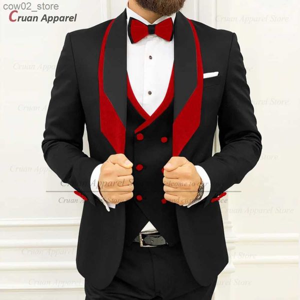 Costumes pour hommes Blazers Mode Costume Noir Hommes Slim Fit Formel Mariage Bal Marié Smoking Sur Mesure Affaires Rouge Velours Revers Blazer Gilet Pantalon 3 Pièce Q230103