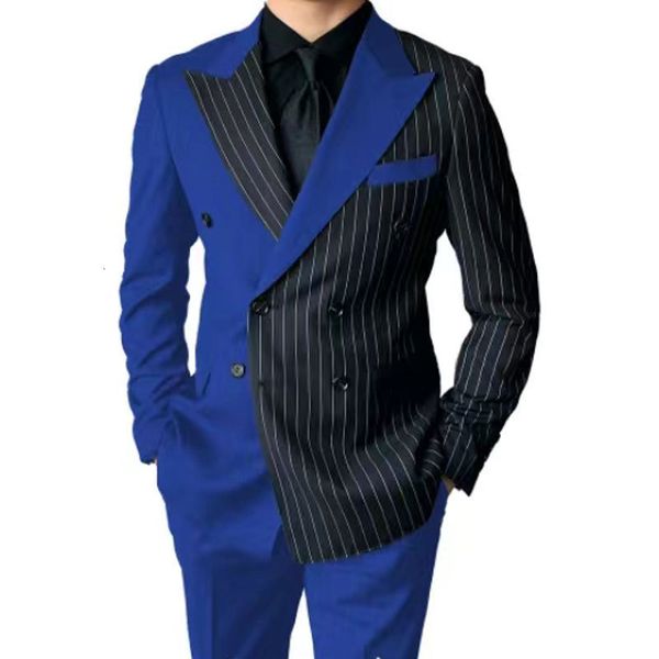 Costumes pour hommes Blazers Mode Blazer Bleu Noir Rayé Double Boutonnage Pour Hommes Deux Pièces Veste Pantalon Slim Fit Costume Traje De Novio Para Boda 230821