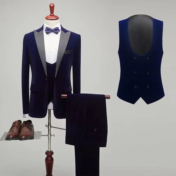 Costumes pour hommes Blazers Mode bleu velours hommes Costume mariage marié smoking formel affaires Blazer Slim Fit 3 pièces ensemble Costume Homme veste gilet pantalon 231113