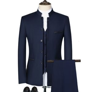 Herenpakken blazers mode casual boetiek wit stand -up kraag Chinese stijl 3 pc's pak set slanke fit jas jas broeken vest 221117
