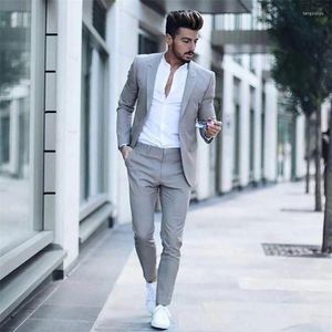 Herenpakken blazers mode casual licht grijs voor slanke fit sets formele bruiloft bruidegom prom smoking mannelijke zakelijke broek