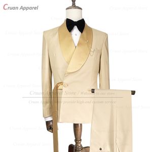 Herenpakken blazers mode champagne pakken voor heren 2 stuks slanke fit blazer broek set op maat gemaakte luxe goud prom bruiloft smoking tuxeods bruidegom jas 230303