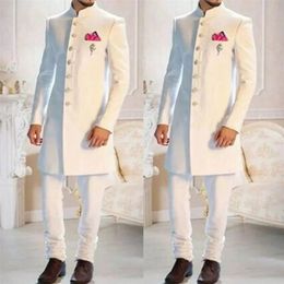 Herenpakken blazers modeontwerp witte standaard kraag met één borsten etnische Indiase tuxedo bruidegom lange pakken voor mannen bruiloft formeel slanke fit slijtage 2pc 220909
