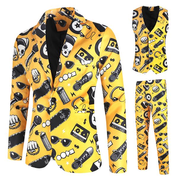 Costumes pour hommes Blazers Mode Hip Hop Imprimé Jaune Blazer Ensembles Hommes Vestes Pantalons Gilet Automne Printemps Club Prom 3 Pièces Costumes Terno Masculino 230612