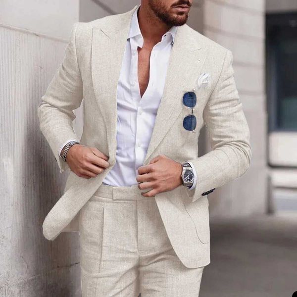 Costumes masculins Blazers Fashion Linen Costumes pour hommes Chic Peak Tapel Double One Button Suisse masculine Slim Fit Business Casual Wedding Tuxedo 2 Piece Costume