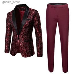 Herenpakken Blazers Mode Heren Zakelijk Jacquardpak 2-delig Zwart / Goud / Wit Heren Dansfeest Zwaluwstaartjurk Mannelijke Blazers + Broek Q231025