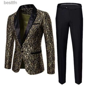 Herenpakken Blazers Mode Heren Zakelijk Jacquardpak Tweedelig Zwart / Goud / Wijnrood Heren Bruiloftsjurk Homme Blazers en broekenL231130