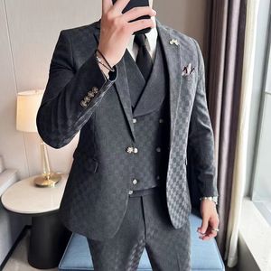 Herenpakken Blazers Fashion Men Double Breasted Plaid Pak Coat broek 2 PCS Set / mannelijk Slim Fit Business Wedding Blazers Jacket broek #11