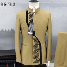 Herenkostuums Blazers Mode Heren Casual Boetiek Chinese Stand Kraag Tuniek Design Pak 2 Delige Set Blazers Jas Jas Broek Broek 230616