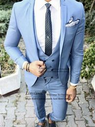 Costumes pour hommes Blazers Fashion Sky Blue Men 3Pieces Groom Wedding Tuexdos pour homme Pantal