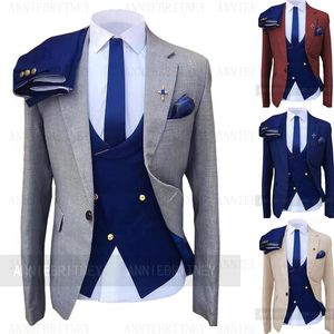 Costumes pour hommes Blazers Mode Costume De Mariage Pour Hommes Gris Manteau Bleu Gilet Pantalon Sur Mesure Plus La Taille Homme Formelle Smoking trajes de hombre costume homme 230630