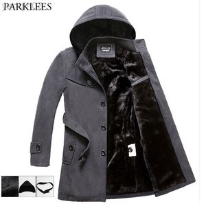 Herenpakken Blazers Fleece Hooded Dikke Wool Winter Jacket 2021 Nieuwe lange trenchcoat Casual Pocket Overcoat met afneembare hoodie L220902