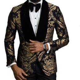 Trajes para hombres Blazers Blazer de jacquard floral para hombres Moda africana de baile Slim Fit con solapa de chal de terciopelo Chaqueta de traje masculino para esmoquin de novio de boda 230908