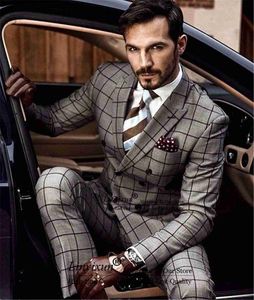 Costumes pour hommes Blazers formel gris Plaid hommes costumes Double boutonnage mariage marié smoking affaires meilleur homme bal Blazer 2 pièces ensembles Terno Masculino Q231025