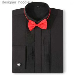 Costumes pour hommes Blazers Manchette française Hommes Tuxedo Chemises de robe de mariée à manches longues Poitrine pliante Conception de patte de boutonnage dissimulée a des boutons de manchette et des arcs pour hommes L230914