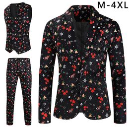 Herenkostuums Blazers Grappige Kerst Cartoon Gedrukt 3-delig pak voor mannen Kerstfeest Podium Aankleedvest Broek Plus Size Kostuum Homme 231120