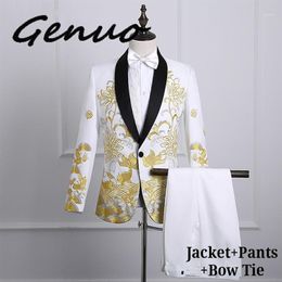 Herenpakken Blazers Goud Borduren Rokkostuum Mannen Slim Fit Shawl Revers Heren Wit Met Broek Stage Prom Wedding Grooms Sin331s