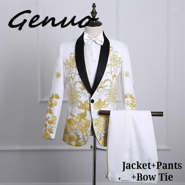 Trajes de hombre Blazers Traje de vestir de bordado dorado Hombres Slim Fit Chal de solapa para hombre Blanco con pantalones Etapa Prom Boda Novios Sin267t