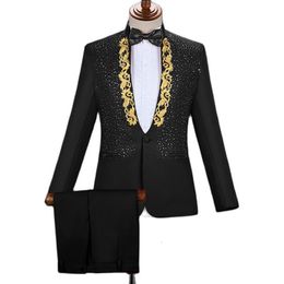 Herenpakken blazers goud borduurpak mannen staan ​​kraag diamanten heren blazer met broek bruiloft bruidegom smoking podium zanger feest kostuum homme 221201