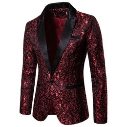 Herenpakken Blazers Gold Jacquard Bronzing Floral Suit Mens Single Button Jacket Wedding Dress Party Singer Costume 230111