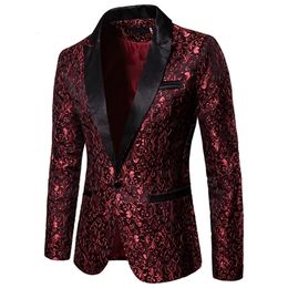 Men S Suits Blazers Gold Jacquard Bronzing Floral Suit Mens Single Button Jacket Wedding Dress Party Singer Costume 230407