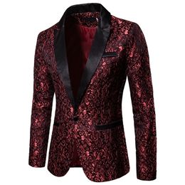 Herenpakken Blazers Gold Jacquard Bronzing Floral Suit Mens Single Button Jacket Wedding Dress Party Singer Costume 221111