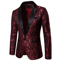 Costumes pour hommes Blazers Gold Jacquard Bronzing Floral Costume Mens Veste à bouton unique Robe de mariée Party Stage Singer Costume 221121