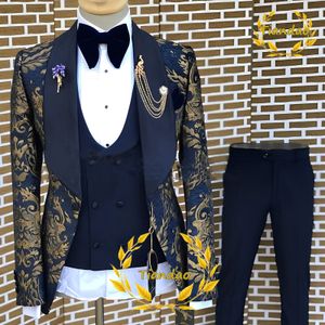 Herenpakken Blazers Gold Patroon Men Suit jasbroek Vest 3 -delige set bruiloft bruidegom Tuxedo formele feestmode rapel blazer 230404