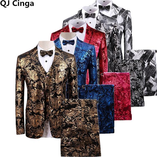 Trajes de hombre Blazers Gold Printed 3 Piece Tuxedo Suit Men Brand Slim Fit Wedding Party Dress Terno Masculino Party Prom Stage Costume Homme 230719