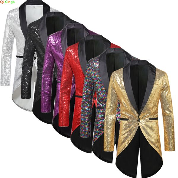 Costumes pour hommes Blazers veste de costume à paillettes dorées pour hommes Performance/robe de soirée manteaux rouge argent mâle Blazers violet blanc noir col smoking 230825